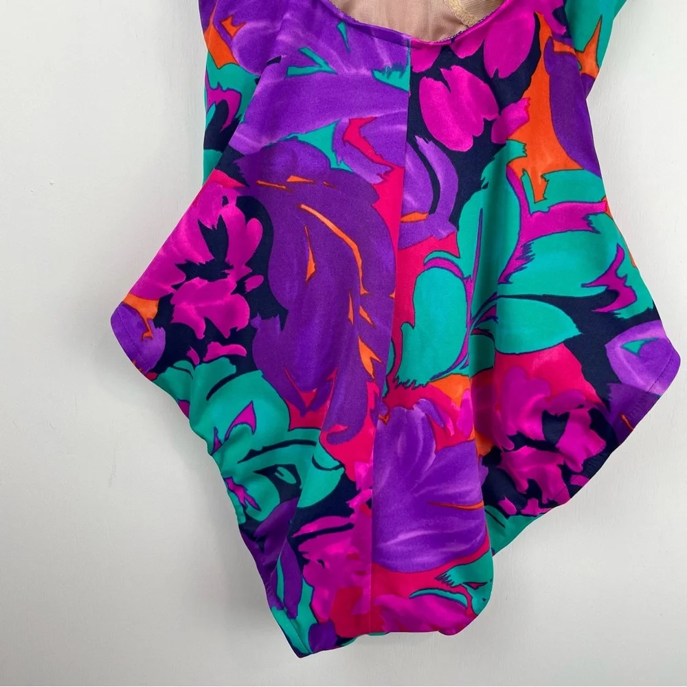 Vtg Y2K Abstract Swim One Piece Sz 16 High Cut Neon Floral Print Ruched